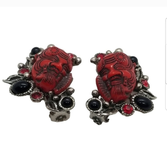 PAUL SELENGER DESIGNER RARE OKINA MASK STATEMENT CLIP ON EARRINGS - Picture 4 of 5